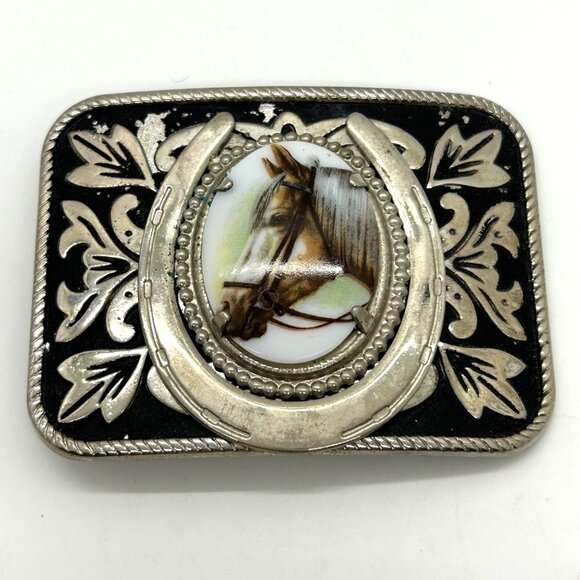 Jewelry - Vintage Western Style Belt Buckle Porcelain Horse Head Silver-tone